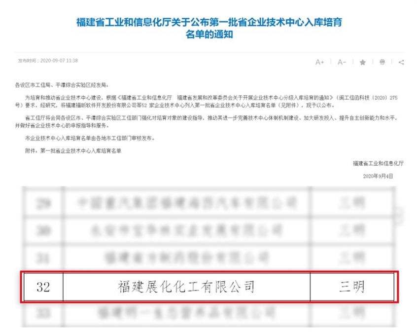 展化化工又傳捷報!入選福建省企業技術中心入庫培育名單 展化化工又傳捷報!入選福建省企業技術中心入庫培育名單